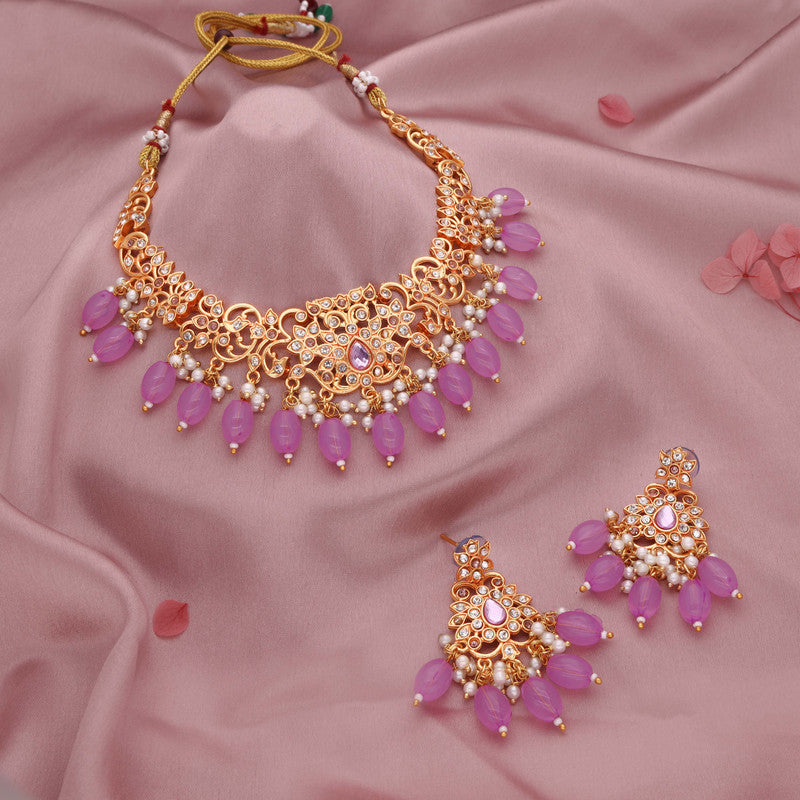 Tehzeeb Creations Gold-Polished Lavender Colour Necklace With Stud
