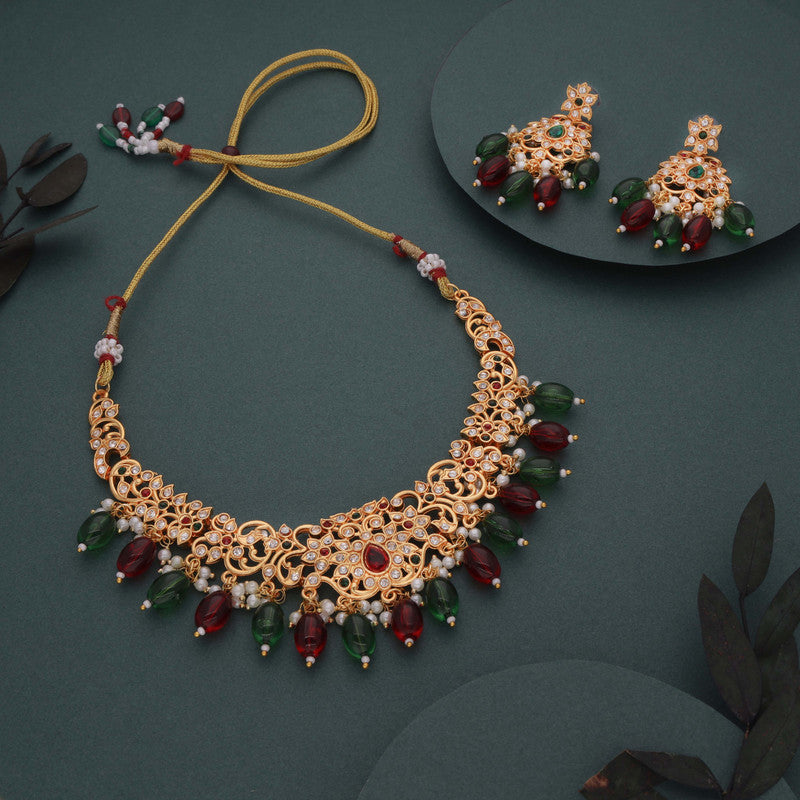 Tehzeeb Creations Gold-Polished Maroon Colour Necklace With Stud