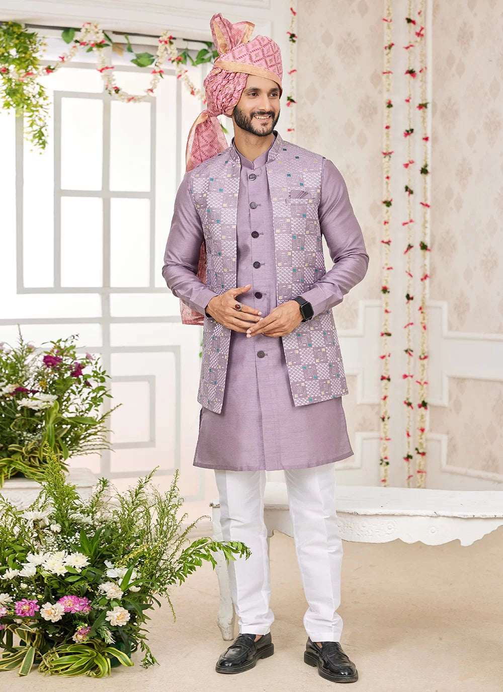 Raivat Ethnic Art Silk Embroidery Work Jacket Set In Onion Pink Colour