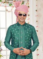 Raivat Ethnic Art Silk Embroidery Work Jacket Set In Green Colour