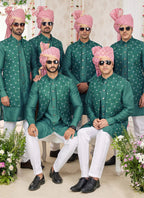 Raivat Ethnic Art Silk Embroidery Work Jacket Set In Green Colour