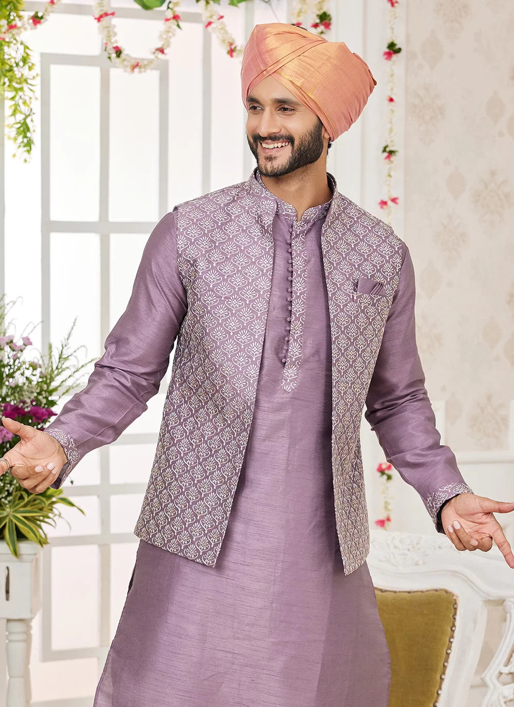 Raivat Ethnic Art Silk Embroidery Work Jacket Set In Dark Onion Pink Colour