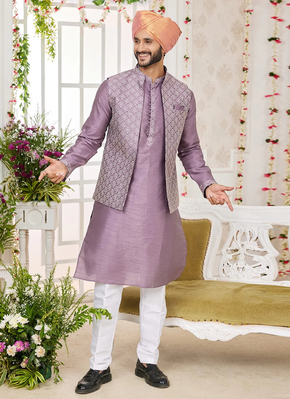 Raivat Ethnic Art Silk Embroidery Work Jacket Set In Dark Onion Pink Colour