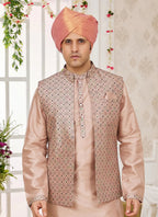 Raivat Ethnic Art Silk Embroidery Work Jacket Set In Peach Colour