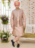 Raivat Ethnic Art Silk Embroidery Work Jacket Set In Peach Colour