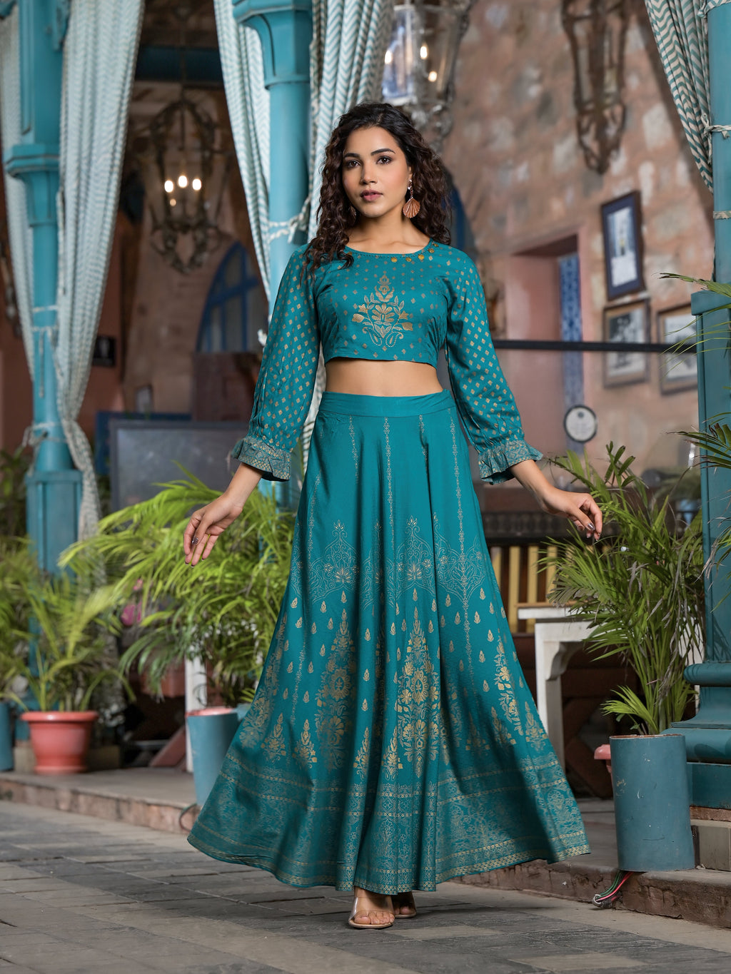 Juniper Women's Teal Ethnic Motif Printed Liva Rayon Lehnga & Choli Set With Coins & Beads
