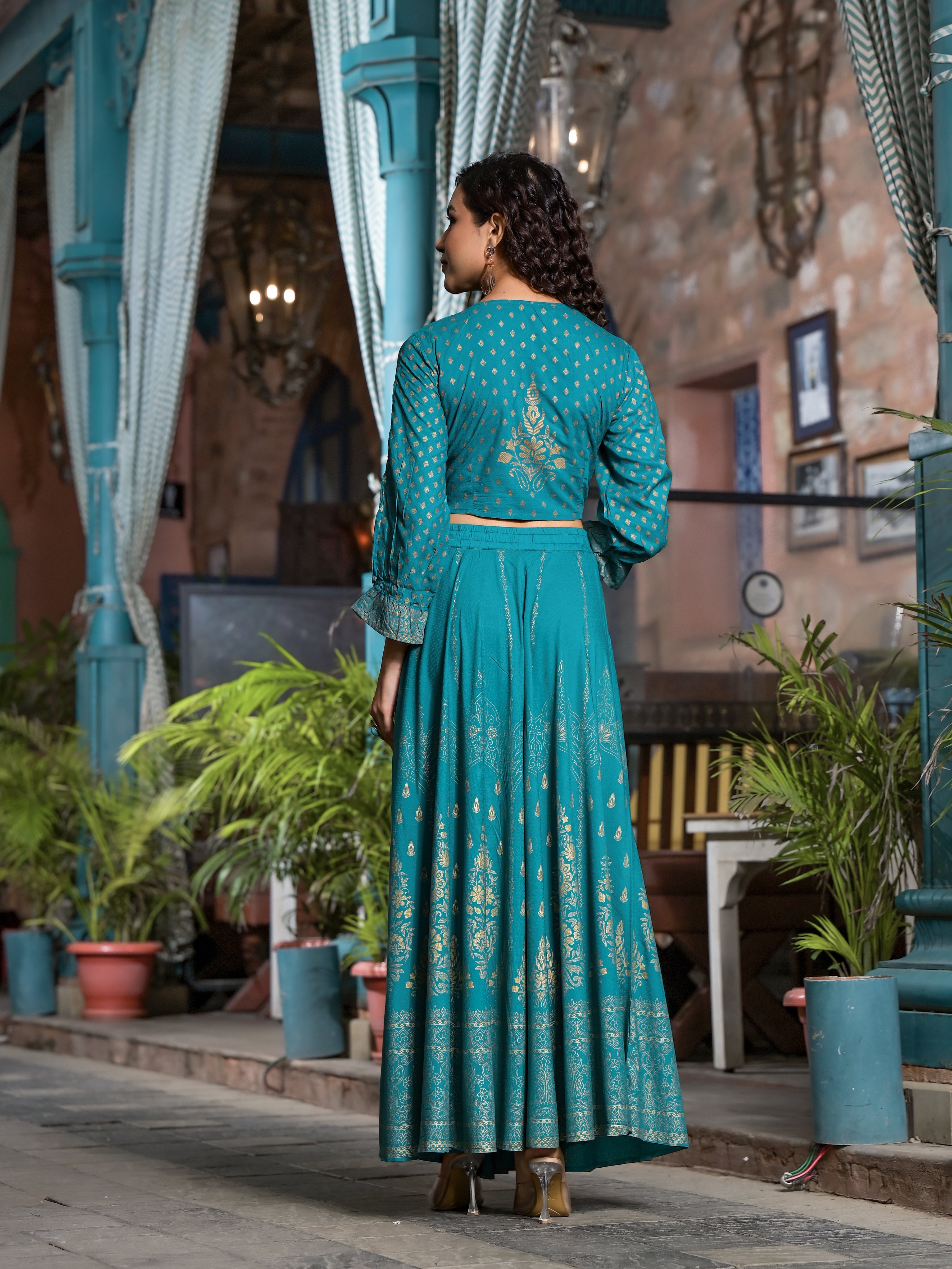 Juniper Women's Teal Ethnic Motif Printed Liva Rayon Lehnga & Choli Set With Coins & Beads