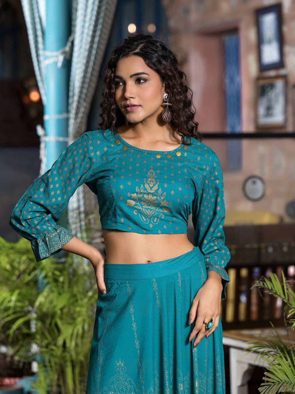 Juniper Women's Teal Ethnic Motif Printed Liva Rayon Lehnga & Choli Set With Coins & Beads