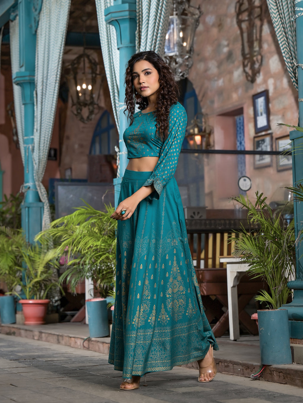 Juniper Women's Teal Ethnic Motif Printed Liva Rayon Lehnga & Choli Set With Coins & Beads