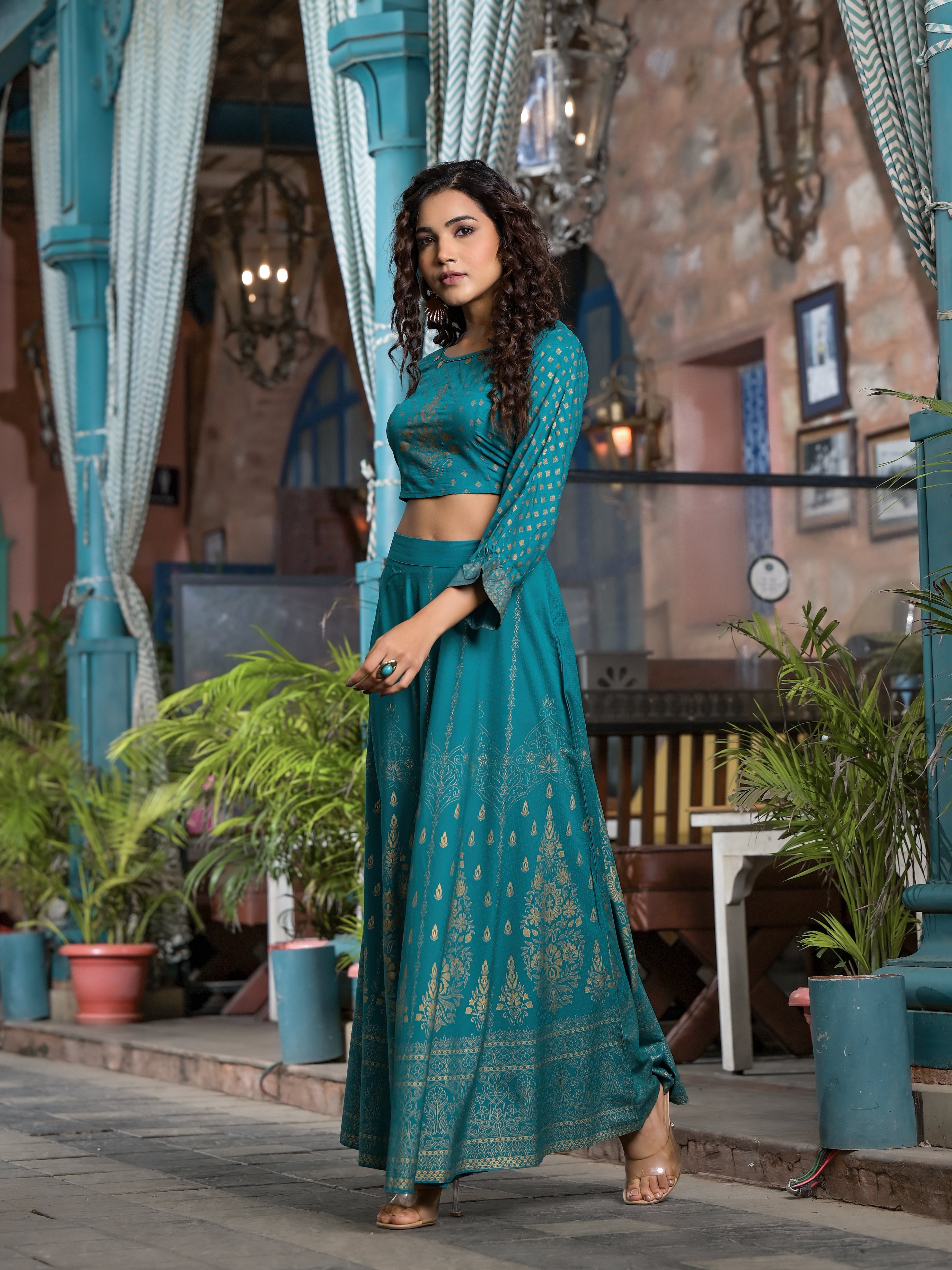 Juniper Women's Teal Ethnic Motif Printed Liva Rayon Lehnga & Choli Set With Coins & Beads