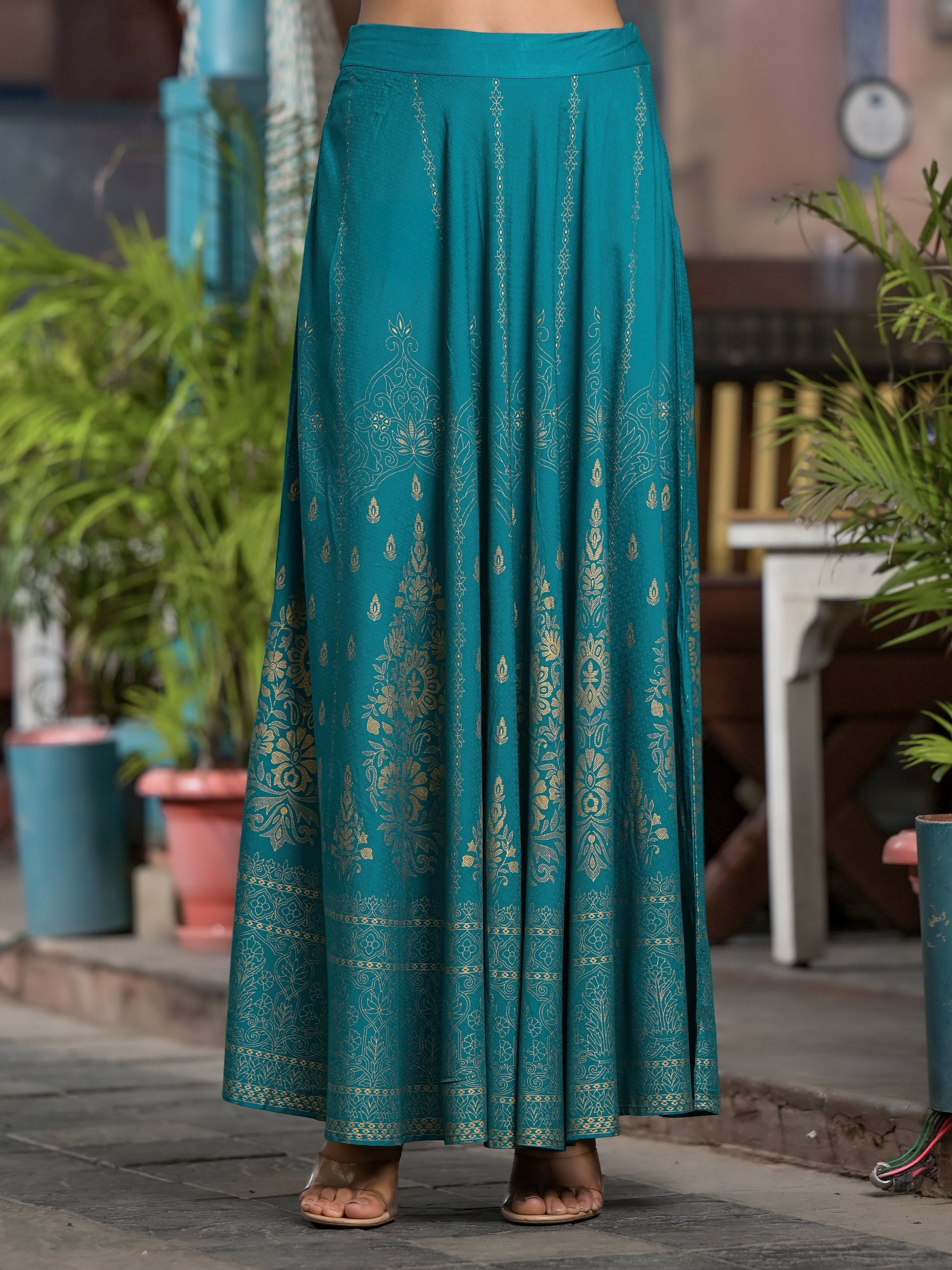 Juniper Women's Teal Ethnic Motif Printed Liva Rayon Lehnga & Choli Set With Coins & Beads