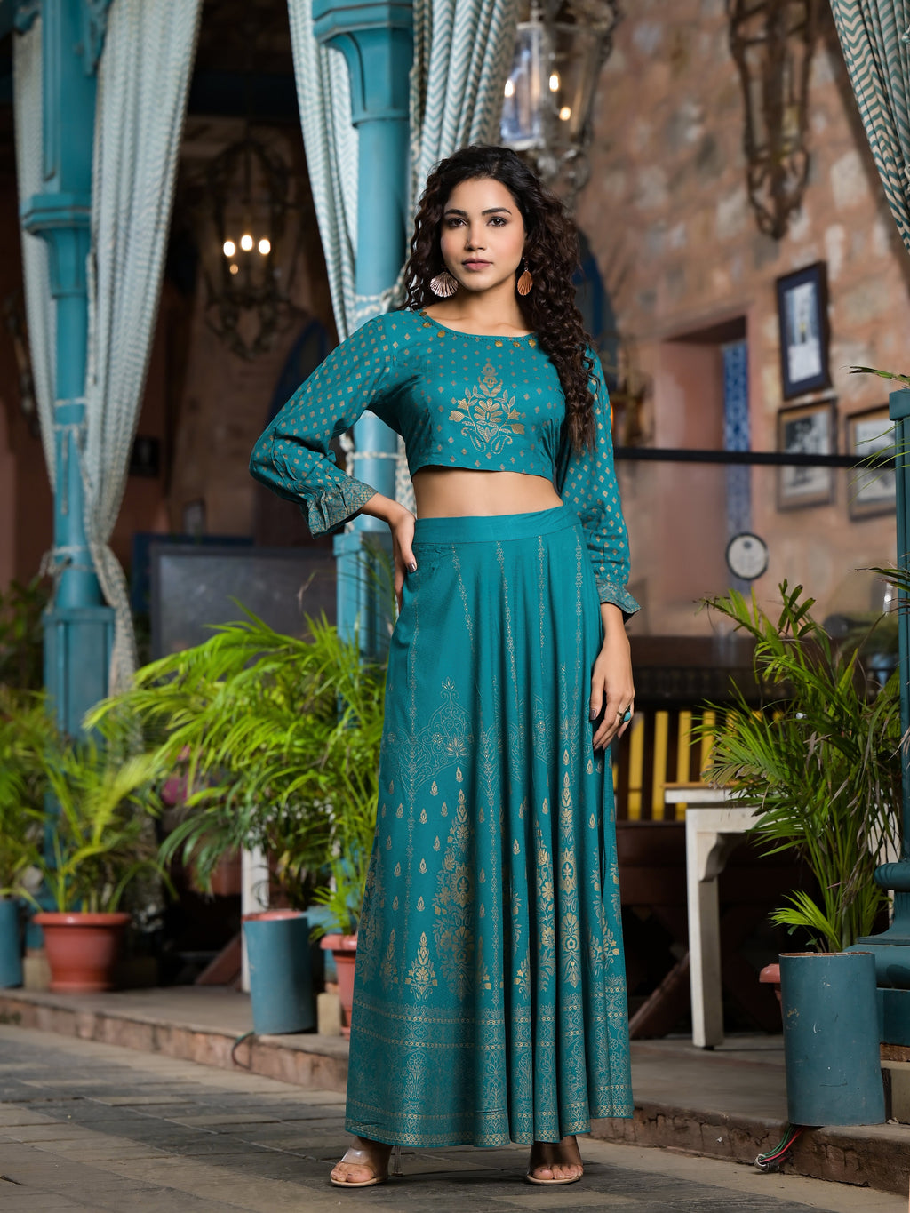 Juniper Women's Teal Ethnic Motif Printed Liva Rayon Lehnga & Choli Set With Coins & Beads