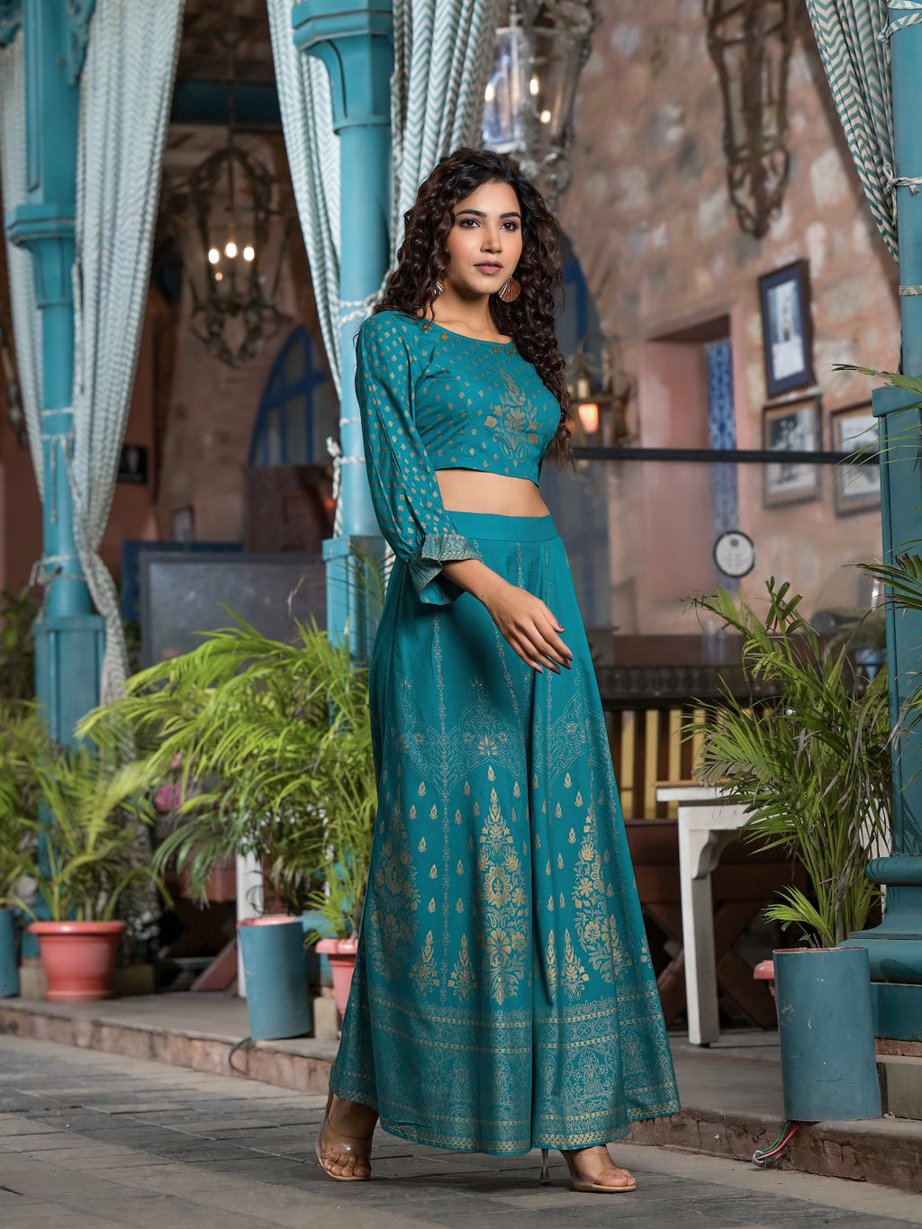 Juniper Women's Teal Ethnic Motif Printed Liva Rayon Lehnga & Choli Set With Coins & Beads