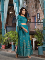 Juniper Women's Teal Ethnic Motif Printed Liva Rayon Lehnga & Choli Set With Coins & Beads