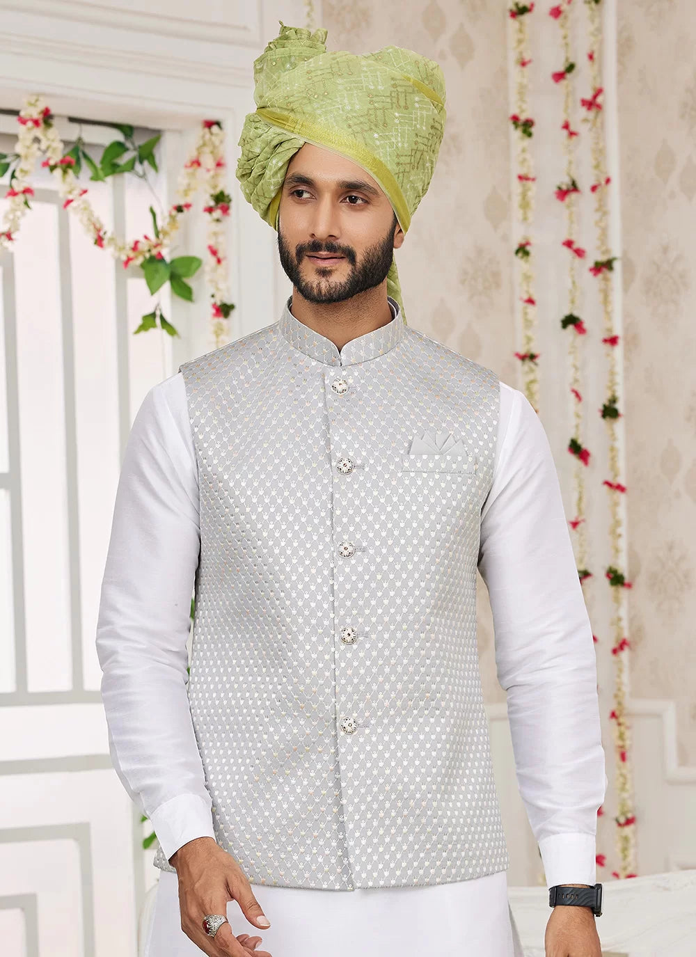 Raivat Ethnic Art Silk Embroidery Work Jacket Set In Grey Colour