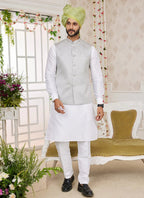 Raivat Ethnic Art Silk Embroidery Work Jacket Set In Grey Colour