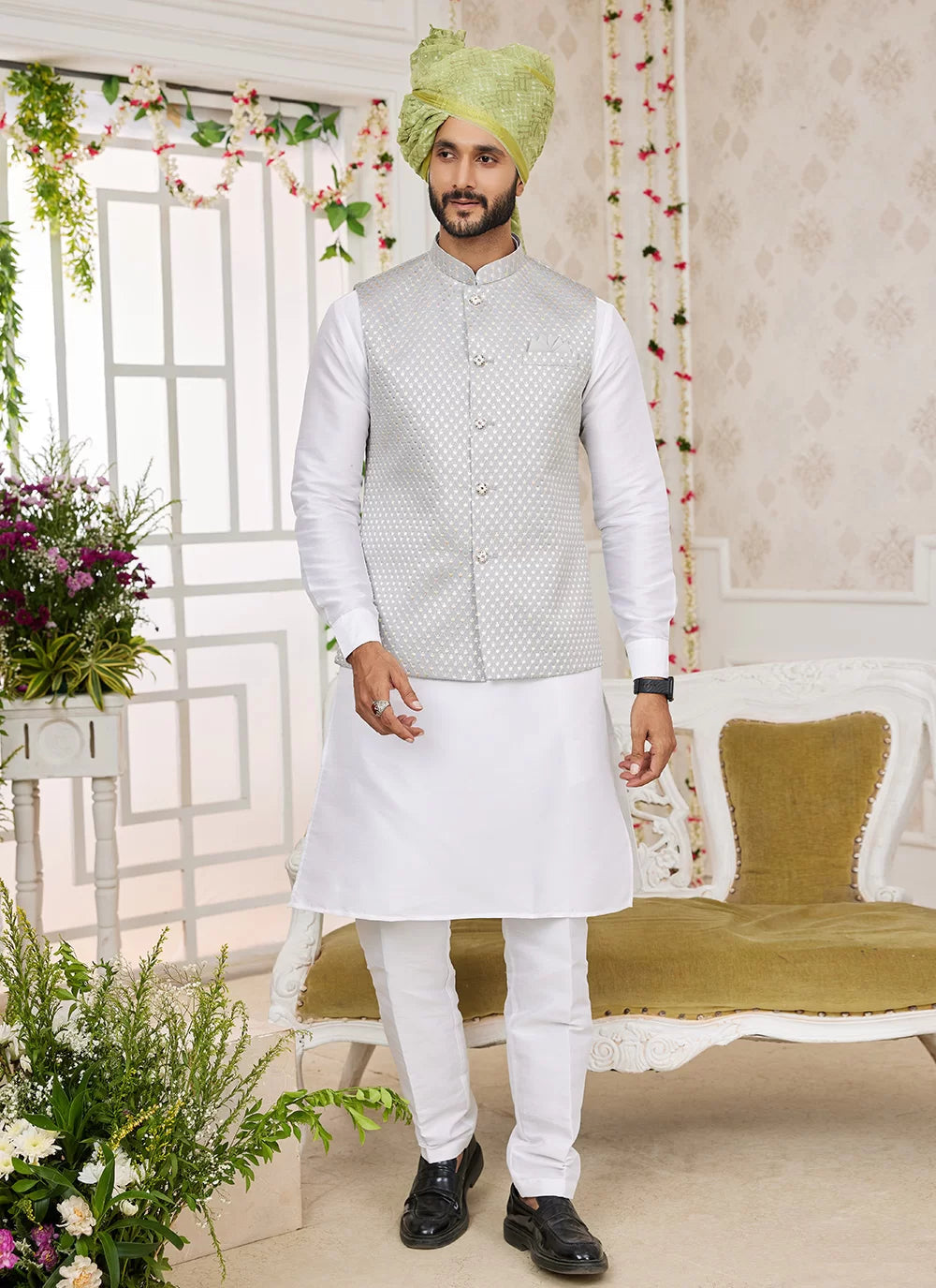 Raivat Ethnic Art Silk Embroidery Work Jacket Set In Grey Colour