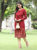 Juniper Women Women's Acrylyc Viscose Jaquard Knit Maroon Printed Straight Festive Kurta - Distacart