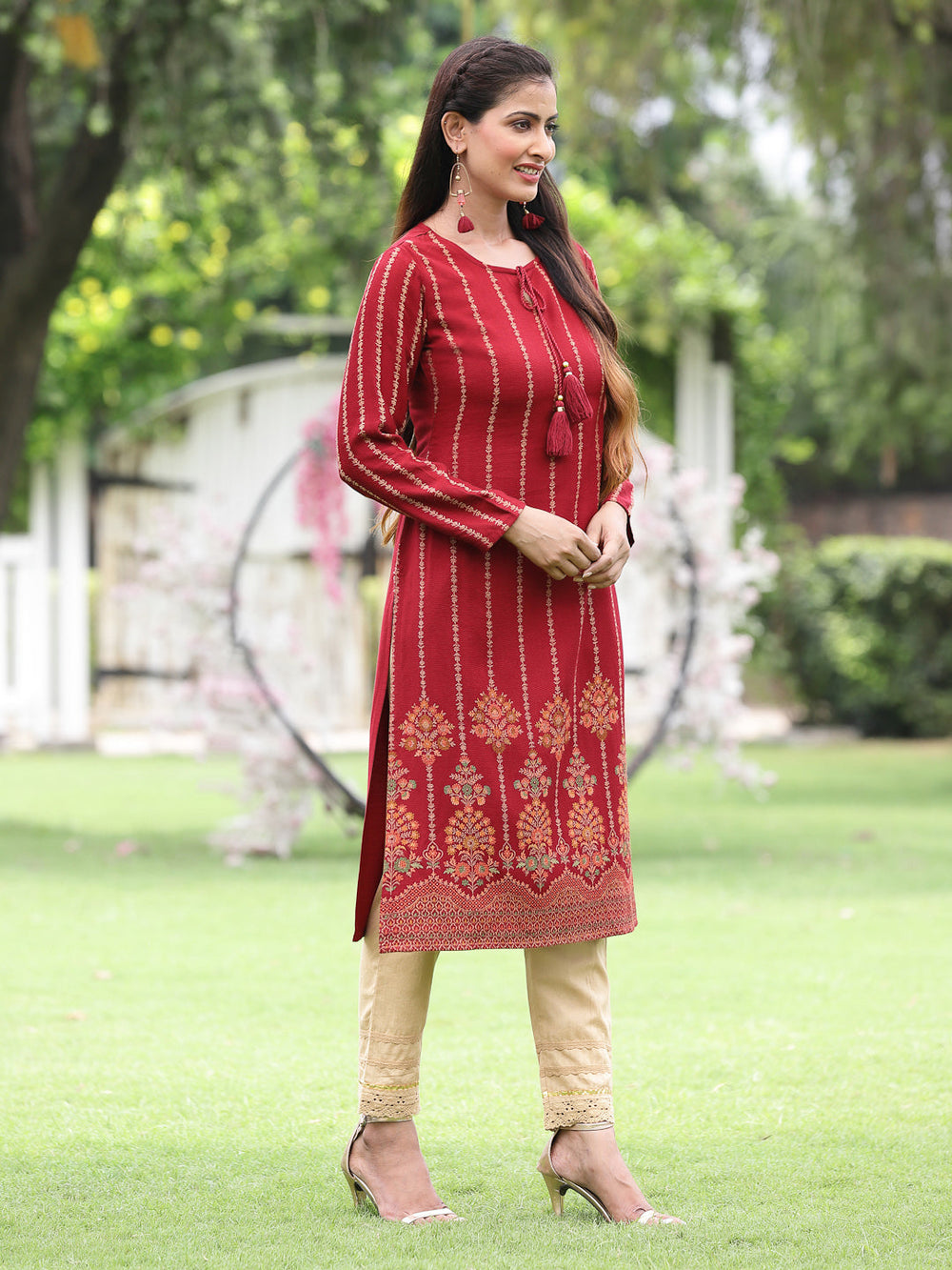 Juniper Women Women's Acrylyc Viscose Jaquard Knit Maroon Printed Straight Festive Kurta - Distacart