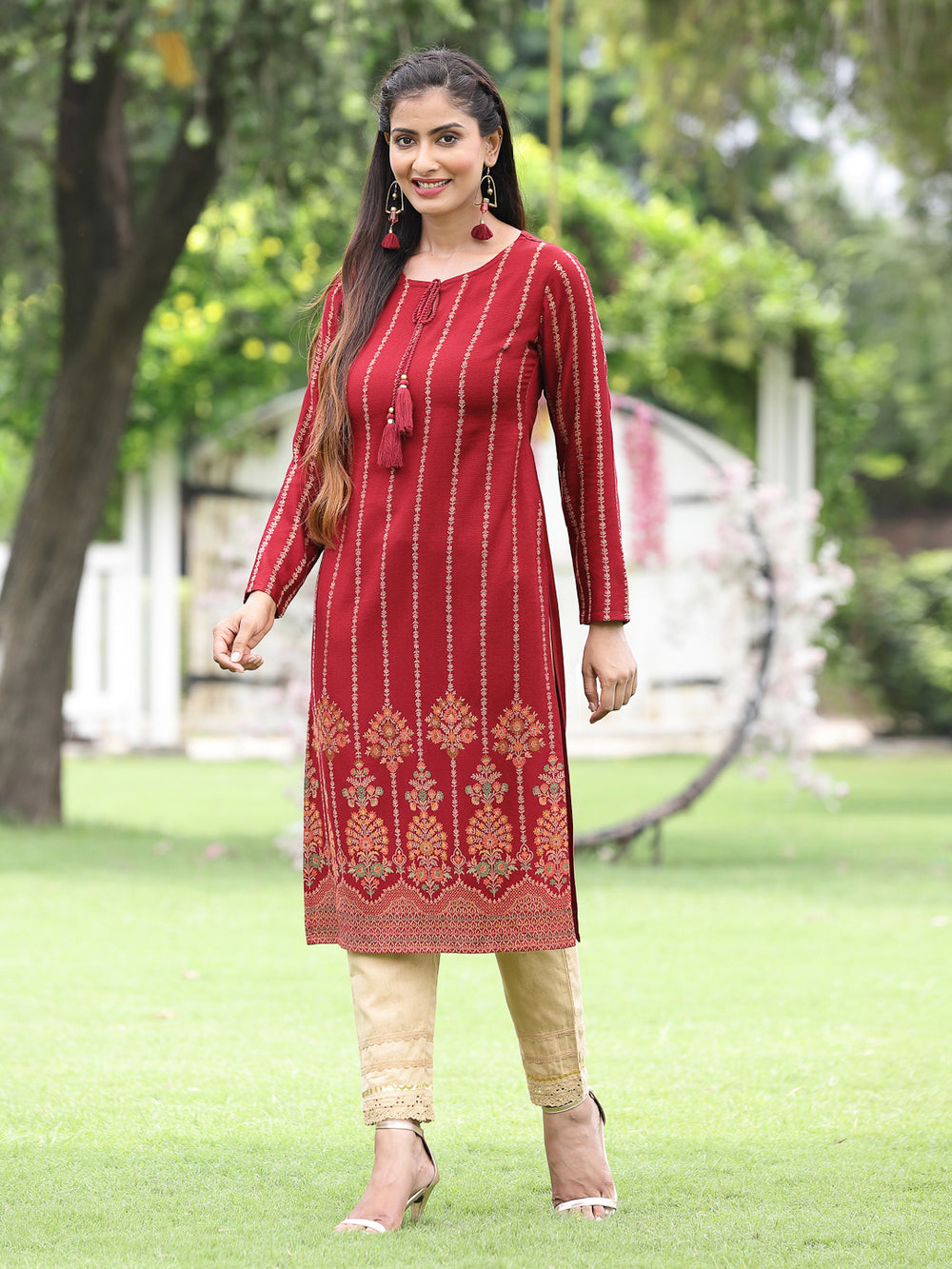 Juniper Women Women's Acrylyc Viscose Jaquard Knit Maroon Printed Straight Festive Kurta - Distacart