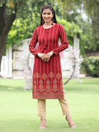 Juniper Women Women's Acrylyc Viscose Jaquard Knit Maroon Printed Straight Festive Kurta - Distacart