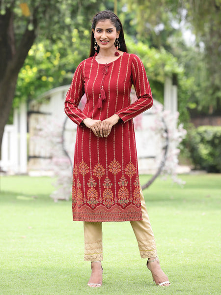 Juniper Women Women's Acrylyc Viscose Jaquard Knit Maroon Printed Straight Festive Kurta
