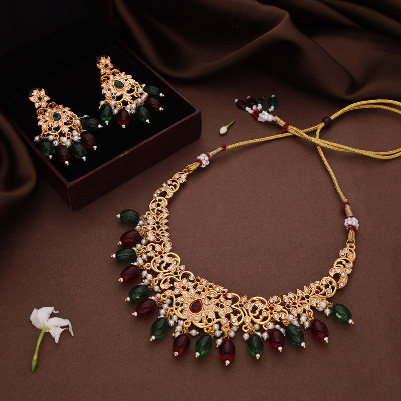 Tehzeeb Creations Gold-Polished Maroon Colour Necklace With Stud