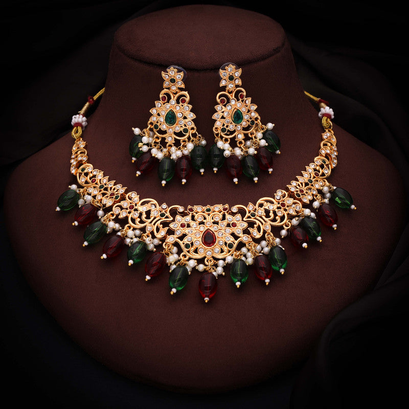 Tehzeeb Creations Gold-Polished Maroon Colour Necklace With Stud