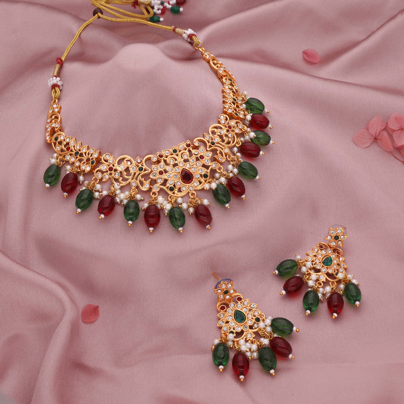Tehzeeb Creations Gold-Polished Maroon Colour Necklace With Stud
