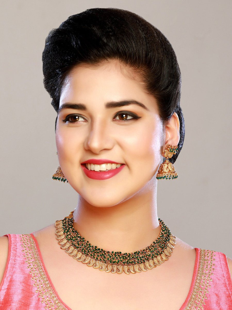 Aadita Gold-Plated Green Pearls Beaded Choker Jewellery Set - Distacart