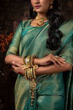 Vardha Turquoise Blue Golden Zari Brocade Kanjeevaram Silk Saree