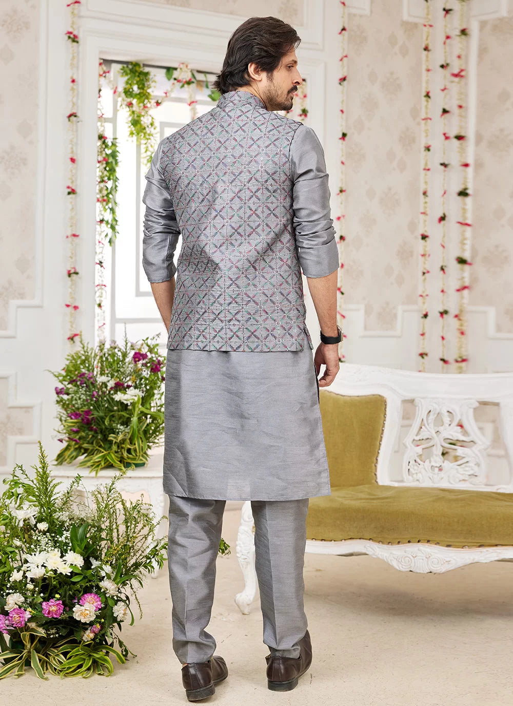 Raivat Ethnic Art Silk Embroidery Work Jacket Set In Dark Grey Colour