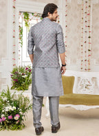 Raivat Ethnic Art Silk Embroidery Work Jacket Set In Dark Grey Colour