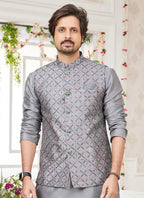 Raivat Ethnic Art Silk Embroidery Work Jacket Set In Dark Grey Colour