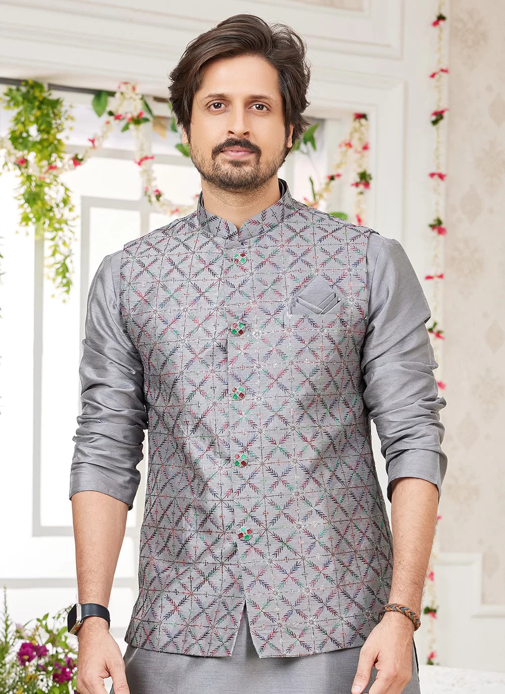 Raivat Ethnic Art Silk Embroidery Work Jacket Set In Dark Grey Colour