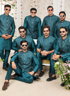 Raivat Ethnic Art Silk Embroidery Work Jacket Set In Rama Green Colour