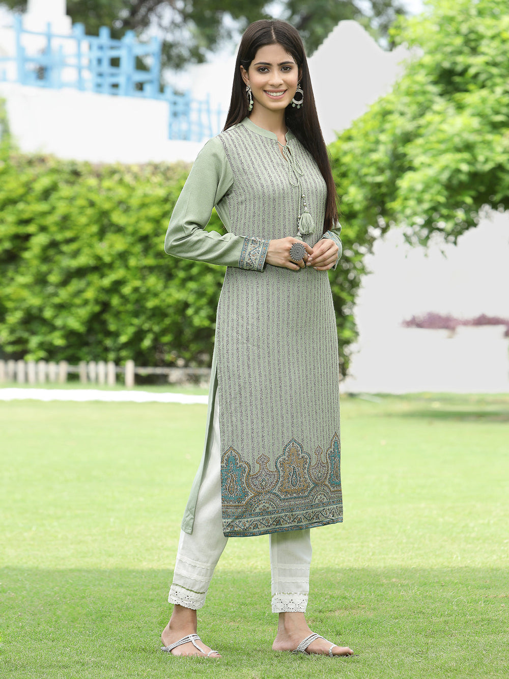 Juniper Women Women's Acrylyc Viscose Jaquard Knit Green Printed Straight Festive Kurta - Distacart