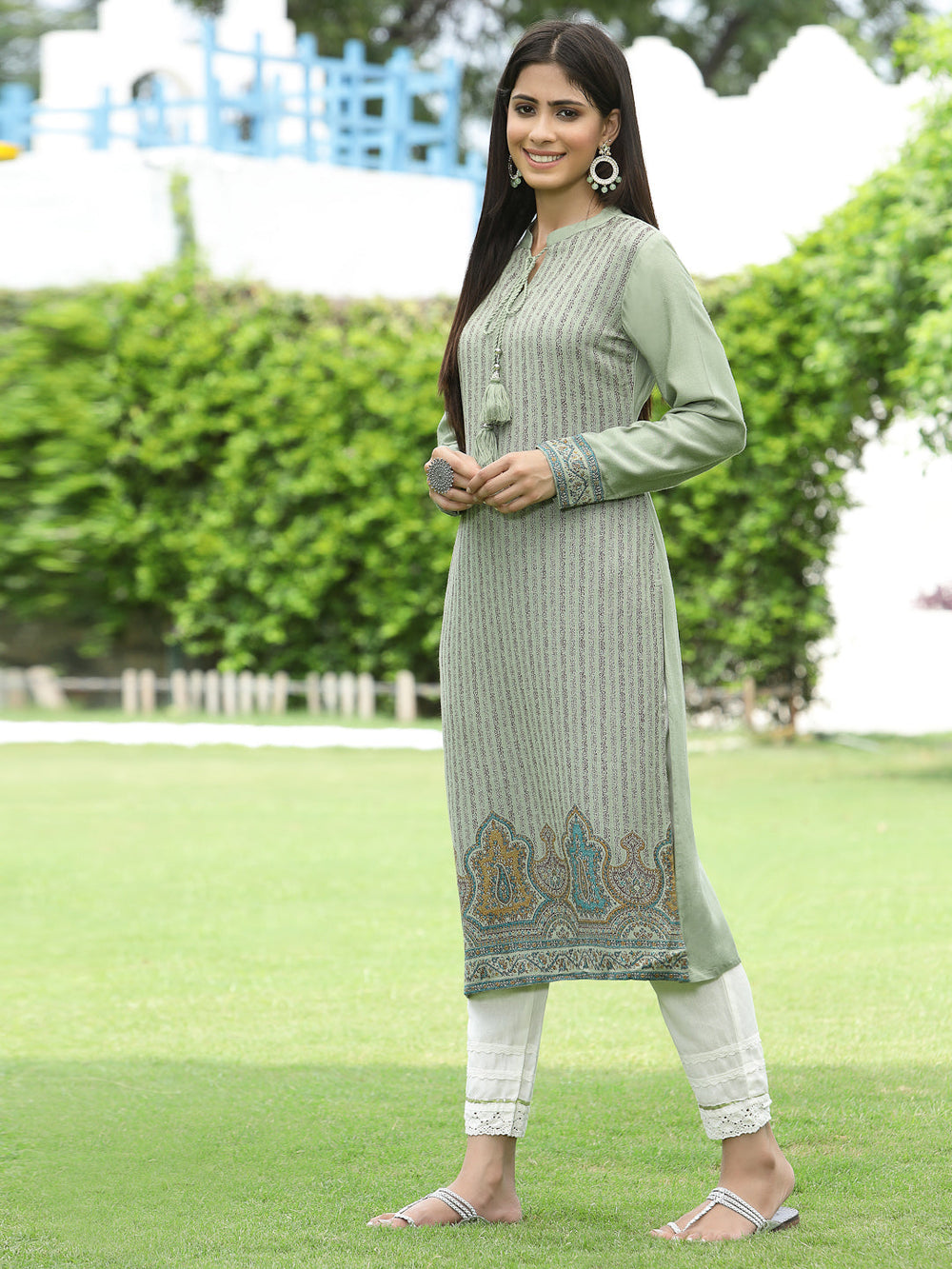 Juniper Women Women's Acrylyc Viscose Jaquard Knit Green Printed Straight Festive Kurta - Distacart