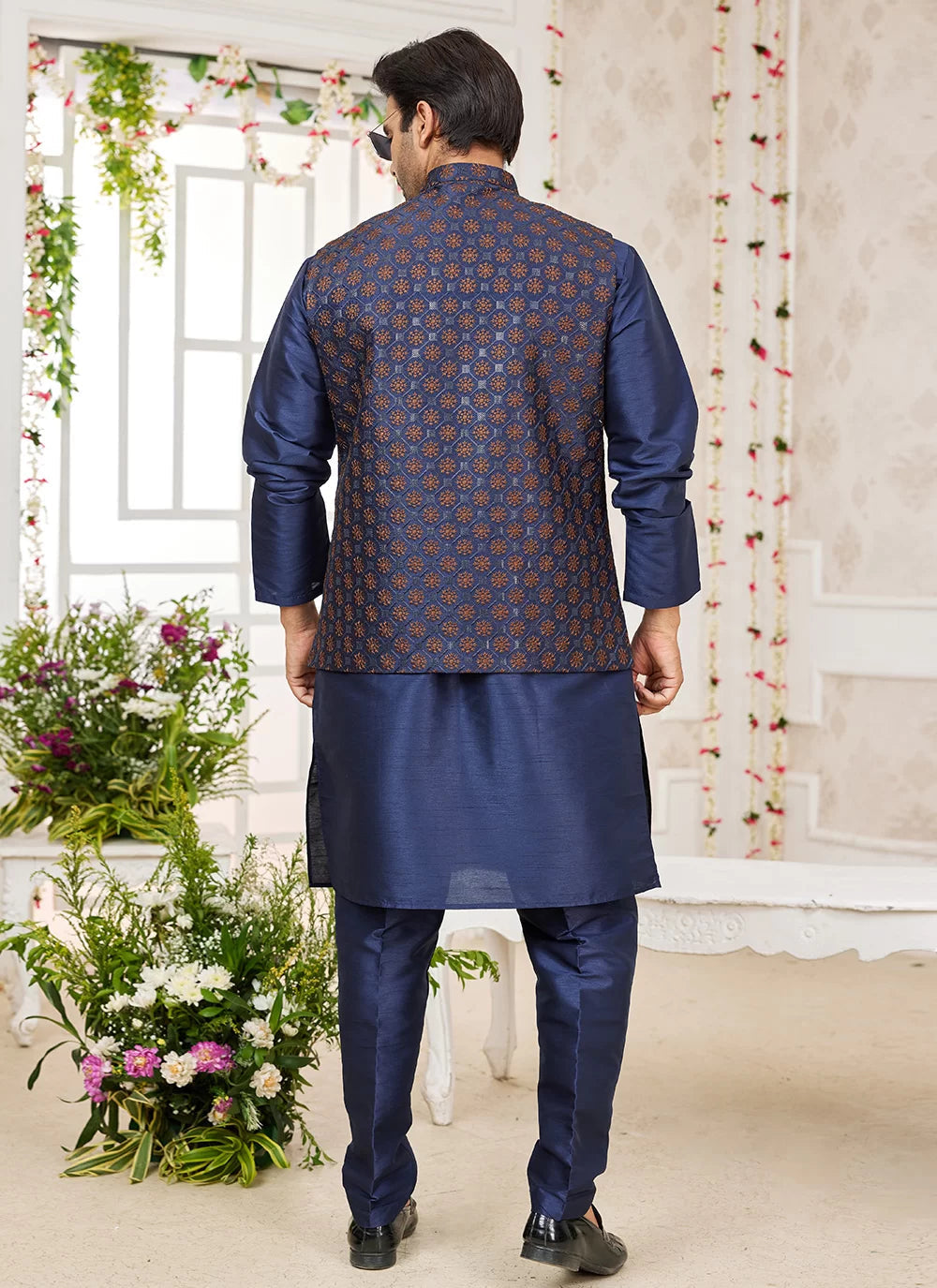 Raivat Ethnic Art Silk Embroidery Work Jacket Set In Blue Colour