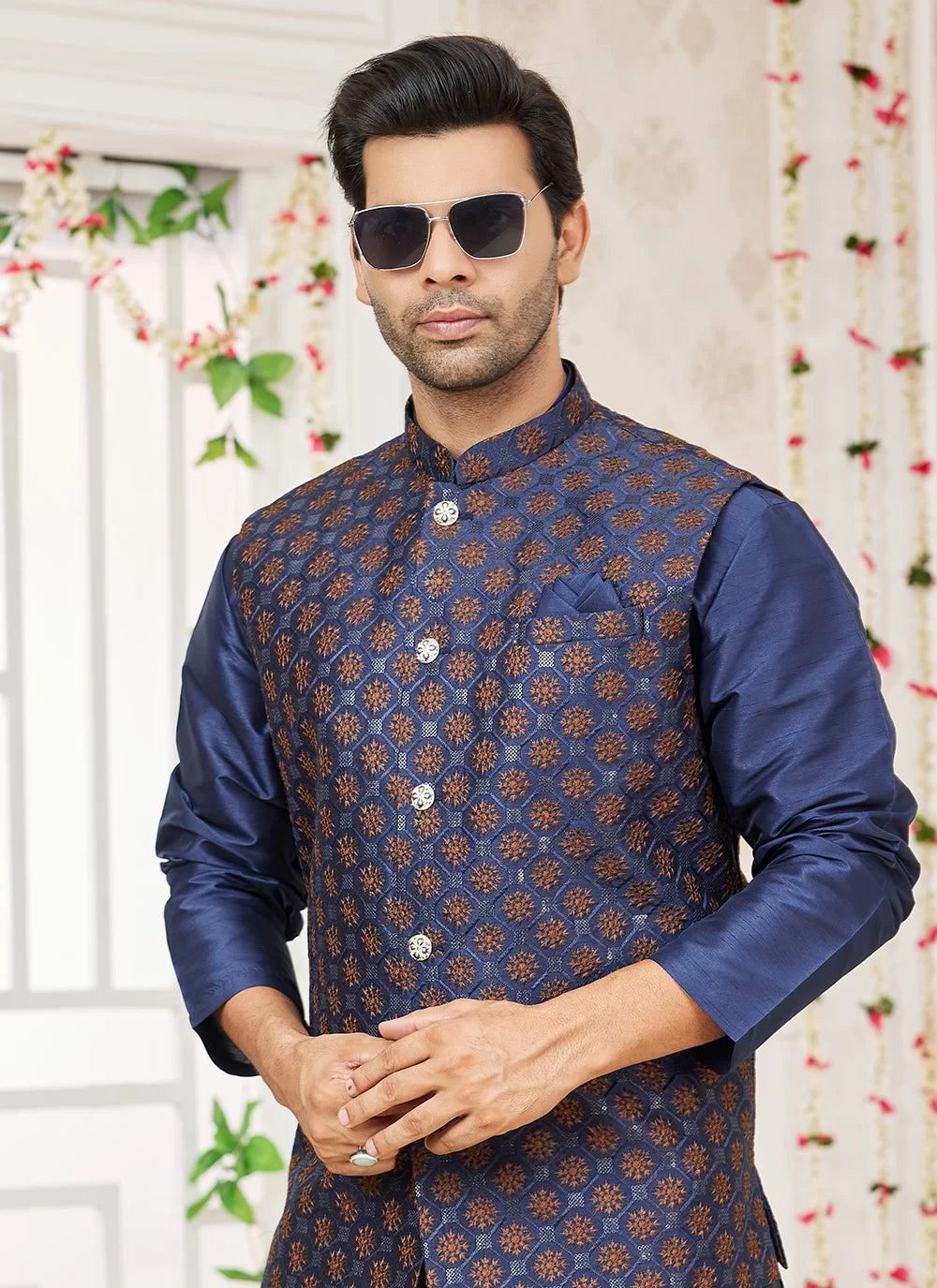Raivat Ethnic Art Silk Embroidery Work Jacket Set In Blue Colour