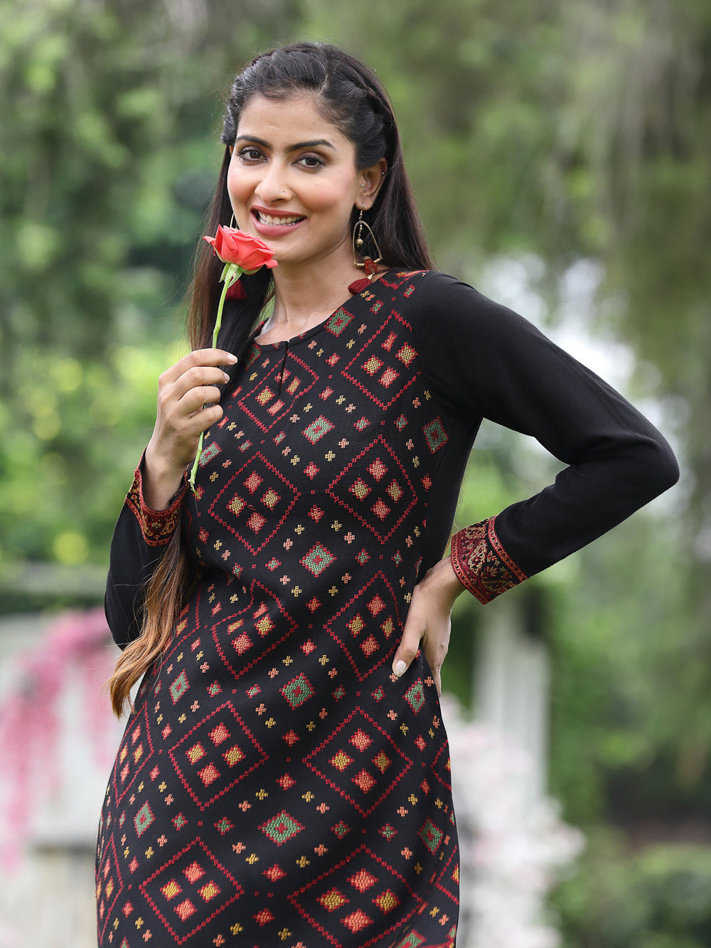 Juniper Women Women's Acrylyc Viscose Jaquard Knit Black Printed Straight Festive Kurta - Distacart