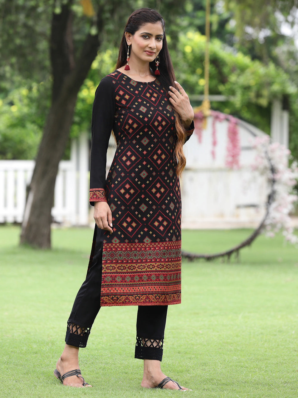 Juniper Women Women's Acrylyc Viscose Jaquard Knit Black Printed Straight Festive Kurta - Distacart