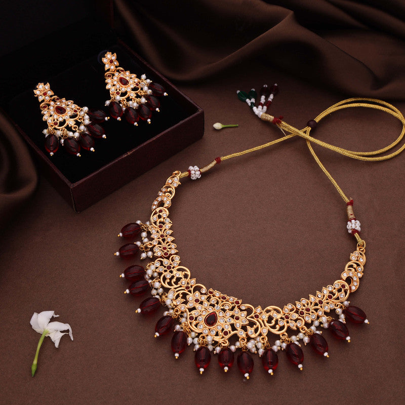Tehzeeb Creations Gold-Polished Maroon & Green Colour Necklace With Stud
