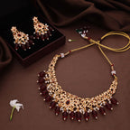 Tehzeeb Creations Gold-Polished Maroon & Green Colour Necklace With Stud