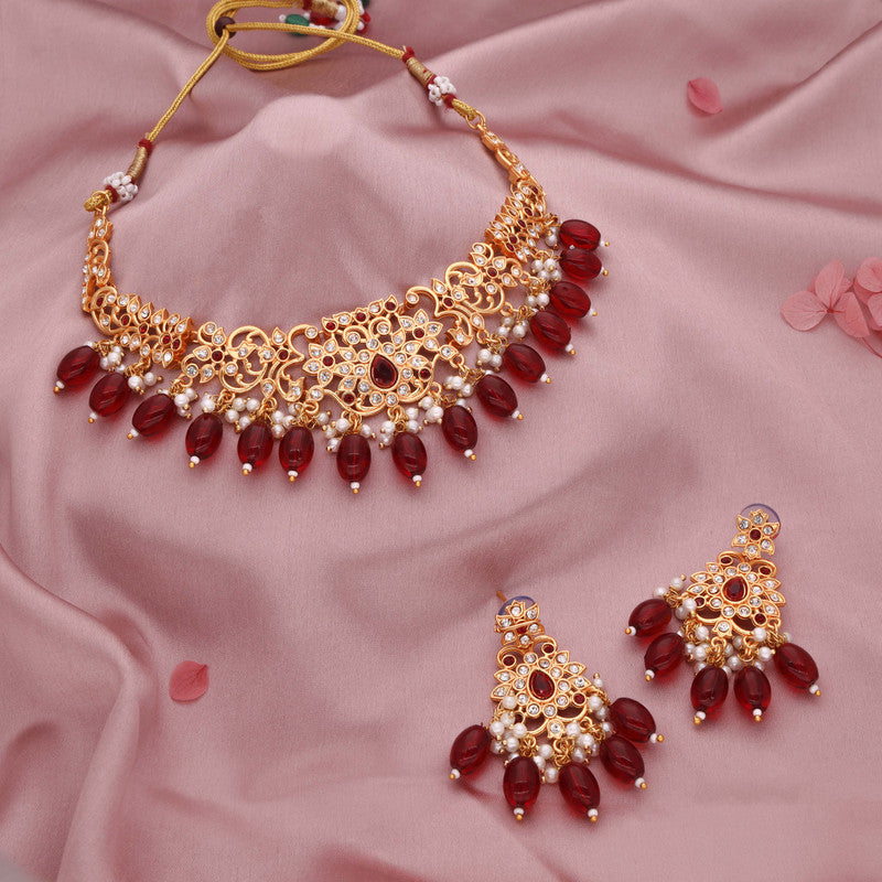 Tehzeeb Creations Gold-Polished Maroon & Green Colour Necklace With Stud