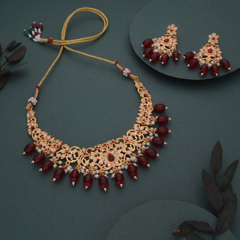 Tehzeeb Creations Gold-Polished Maroon & Green Colour Necklace With Stud