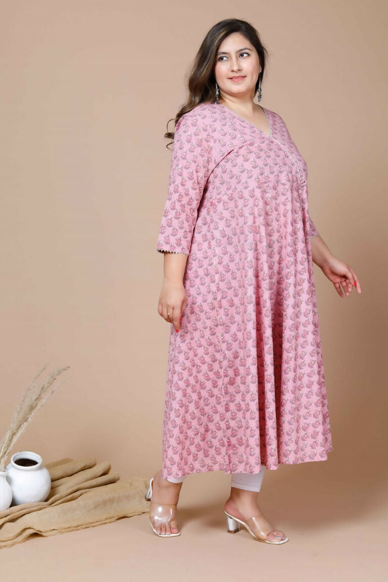 Miravan Women's Pink Plus Size Cotton Floral Print Long Anarkali Kurta