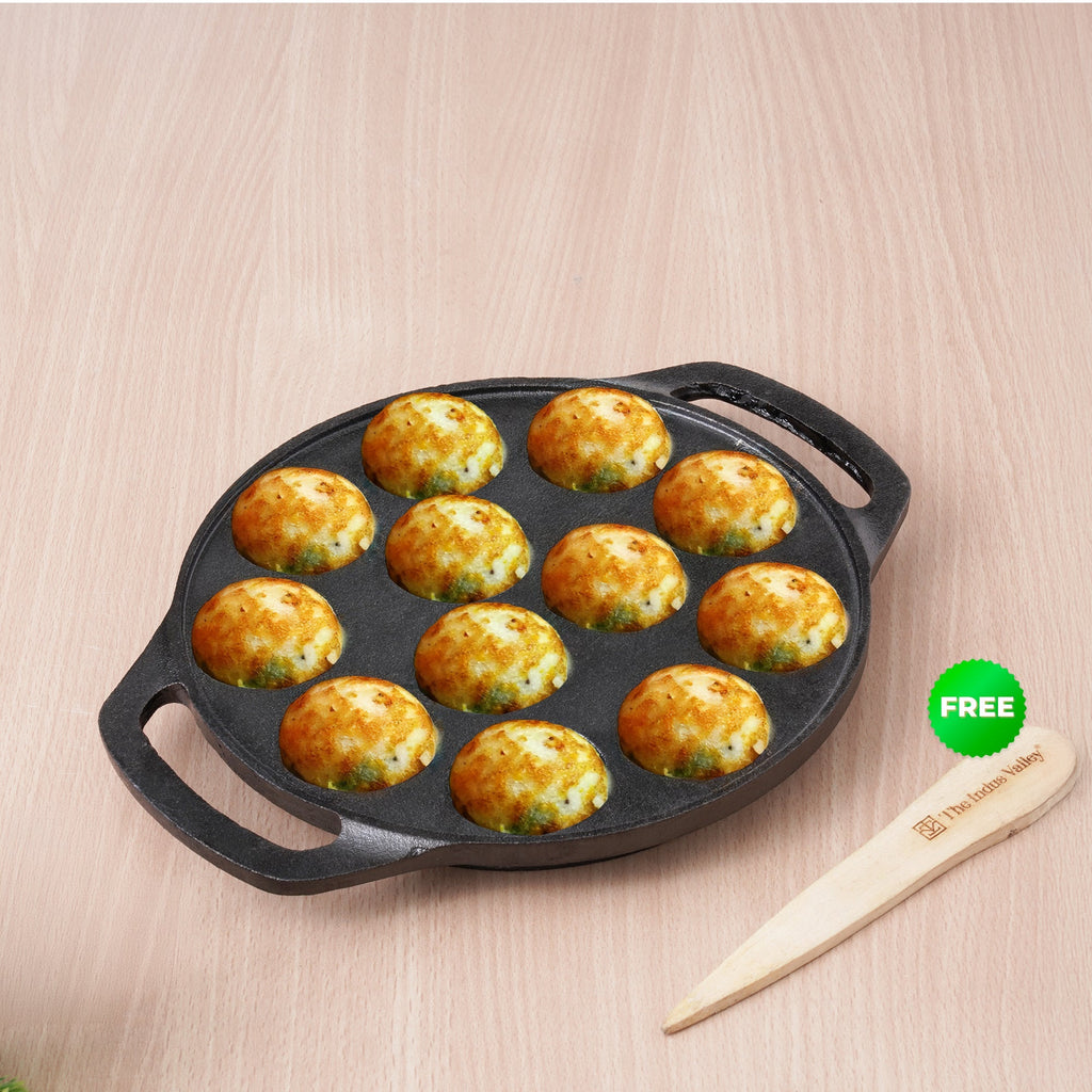 The Indus Valley 12 Pit/Cup CASTrong Cast Iron Kuzhi Paniyaram/Paddu Pan/Appe Maker, Pre-seasoned, 100% Pure, Toxin-free, Spatula, 21 cm, 2.2 kg