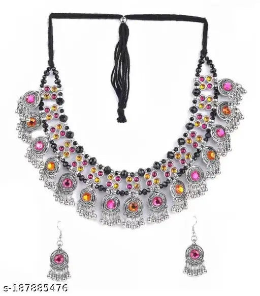 Tehzeeb Creations Women's Multi Colour Meenakari Oxidised Necklace Set