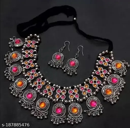 Tehzeeb Creations Women's Multi Colour Meenakari Oxidised Necklace Set